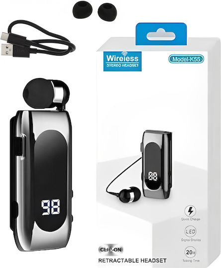 K55 In-ear Bluetooth Handsfree Ακουστικό Πέτου Ασημί
